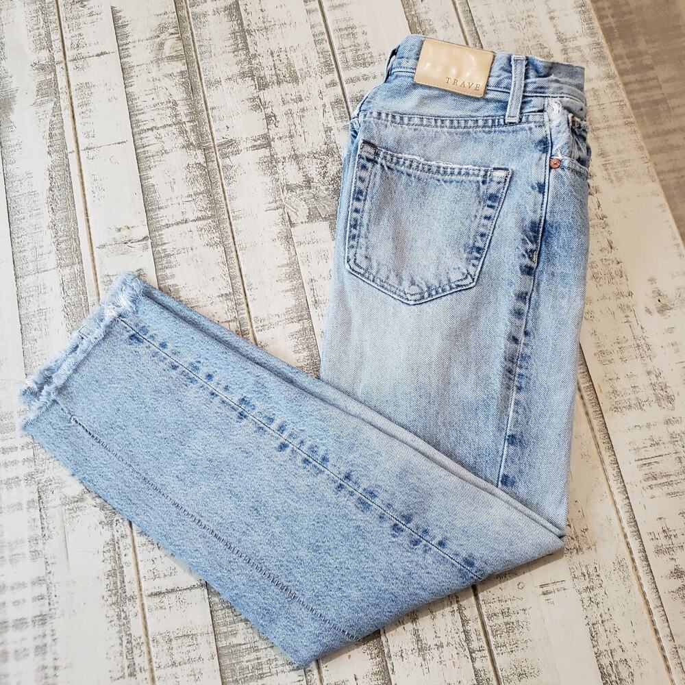 Trave Jeans Womens 24 Harper Nowhere Near Crop Slim Straight Denim Distressed